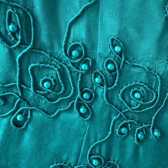 Vtg Marie St. Claire 1980s teal rayon beaded drop-waist tonal floral dress sz 8 - Picture 5 of 6
